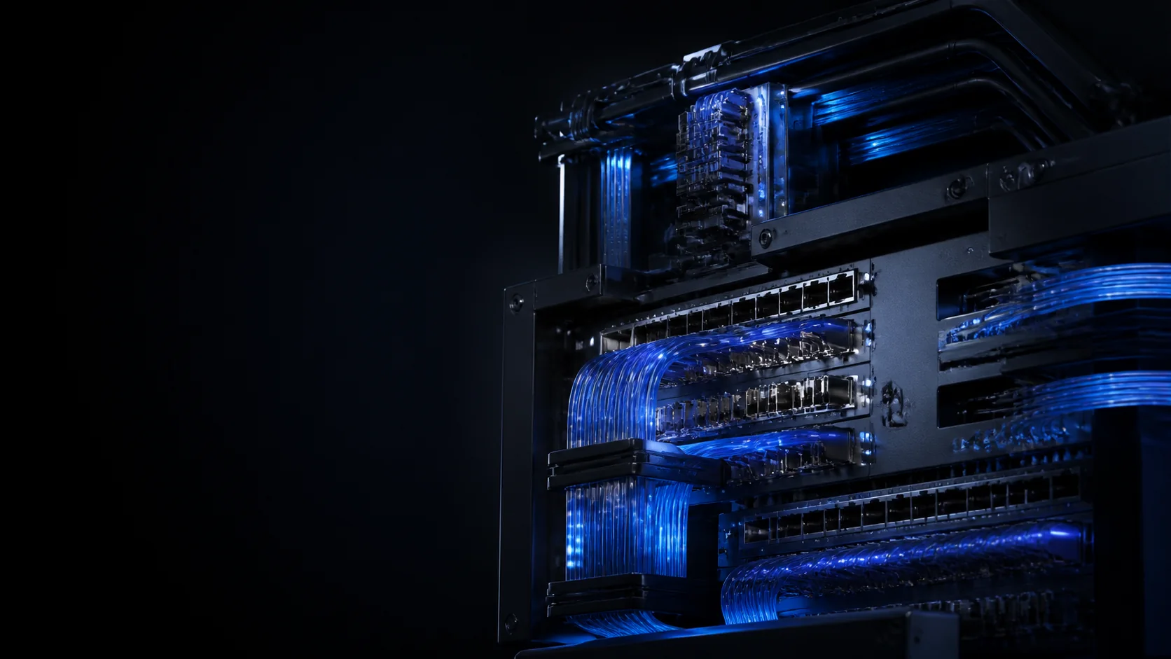Cinematic enterprise network core with illuminated fiber pathways
